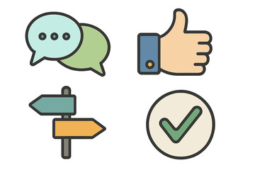 Communication decision flat icon set. Messaging, approval, direction symbols. Vector concept for choice, chat, social media feedback, and success. Thumbs up, check mark icons.