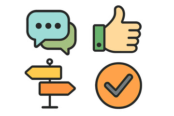 Communication and decision flat icon set. Messaging, approval, and direction symbols collection. Vector cartoon illustration for web design with a transparent background.
