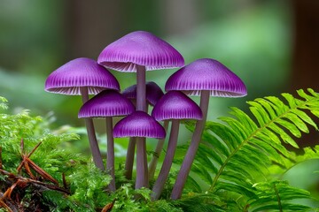 Fototapeta premium Group of vibrant purple mushrooms growing in lush green moss