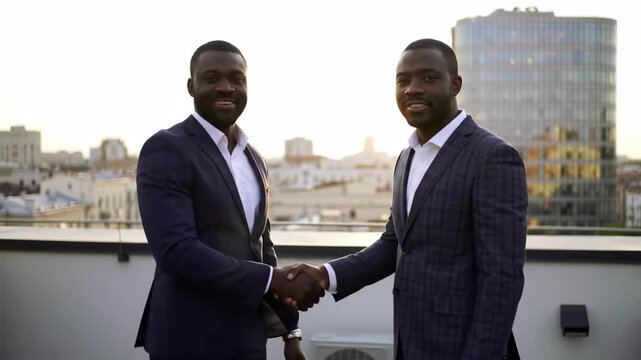 Two Black businessmen shaking hands on rooftop overlooking city, business agreement, teamwork, success.
