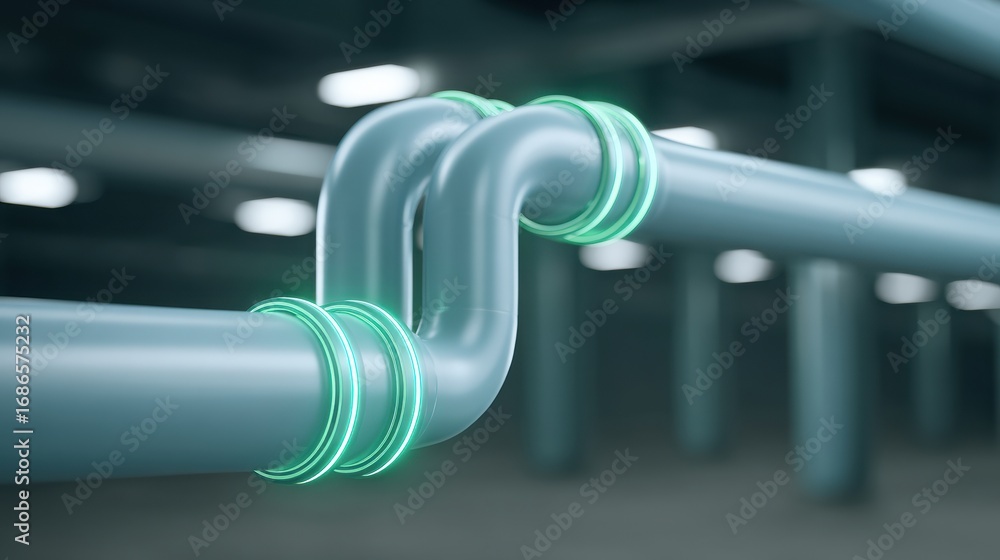Poster modern pipes with curved joints in a clean industrial setting, emphasizing design and functionality.