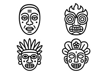 Ethnic masks icon set. Traditional cultural tribal face symbols. Vector outline illustration of African, Polynesian, ancient shaman and tiki god heads for ceremony or carnival.