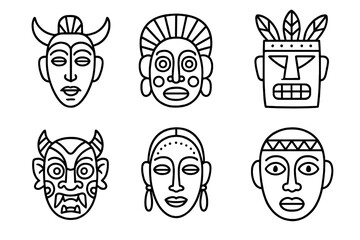 Cultural mask icon set. Traditional ethnic and tribal masks collection. African, aztec, tiki, demon face symbol. Ritual totem vector illustration in a simple outline style.