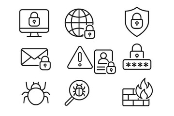 Cybersecurity line icon set. Internet security and data privacy protection outline icons. Vector symbols for network safety, firewall, virus scan, password, and secure access.