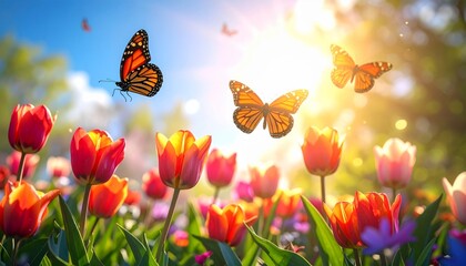 Colorful Tulip Garden with Butterflies in Bright Sunny Atmosphere