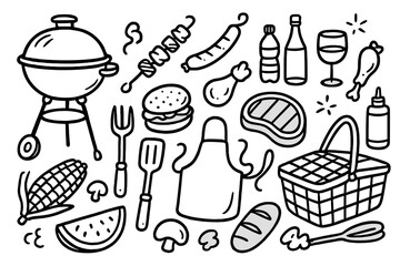 Doodle style barbecue and picnic essentials set. Hand drawn vector cartoon illustration of grill, food, and cooking elements like steak, sausage, and burger for summer party.