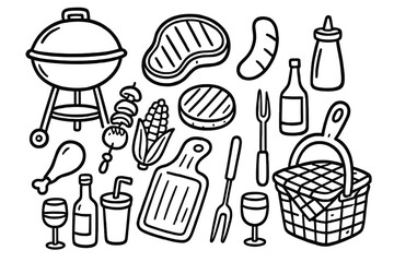 Doodle style barbecue elements icon set. Hand drawn line art of BBQ grill, food, and picnic essentials. Vector cartoon illustration of steak, burger, sausage, kebab, and chicken.