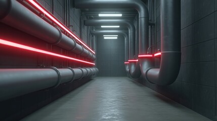 Industrial corridor with pipes and red lighting creating a futuristic atmosphere.