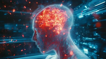 Human head wireframe burning with futuristic data flowing