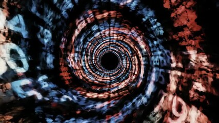 Abstract tunnel of numbers, data stream, and colorful swirl on black background. Digital vortex and technology concept. - Powered by Adobe