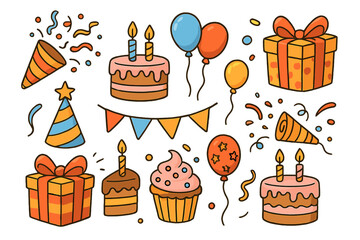 Festive birthday party doodle collection. Hand-drawn cartoon celebration icons set with cake, gift box, balloons, and confetti. Vector clipart illustration for joyful events.