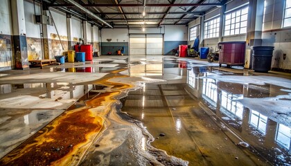 Industrial Warehouse Interior with Puddles and Reflection on Floor