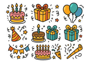 Festive birthday party doodle icon set. Hand-drawn cartoon celebration elements. Vector illustration with cake, gift box, balloons, and confetti. Isolated graphic design asset kit.
