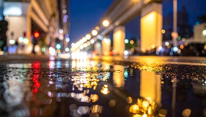 City Street At Night With Reflections And Blurred Traffic Lights