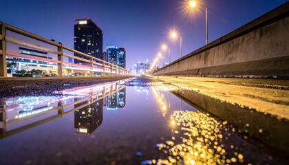 Urban Night Scene with Water Reflection on City Roadway