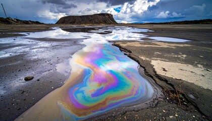Colorful Oil Slick Reflected in Puddles on a Wet Sandy Surface