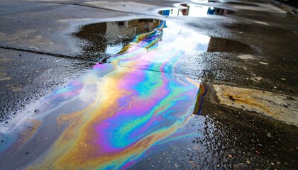 Colorful Oil Slick Reflection on Wet Pavement After Rain