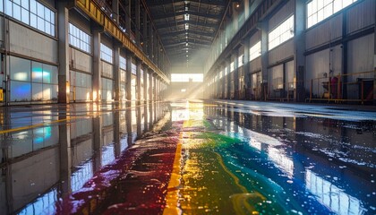 Bright Reflections in an Industrial Warehouse with Colorful Water