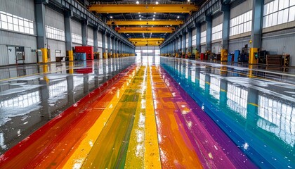 Vibrant Rainbow Design on Wet Warehouse Floor with Reflections