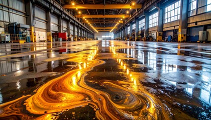 Industrial Warehouse Interior with Reflections and Oil Slicks on Floor