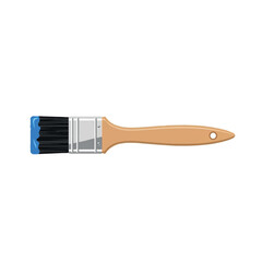 Paintbrush with wooden handle and blue bristles.