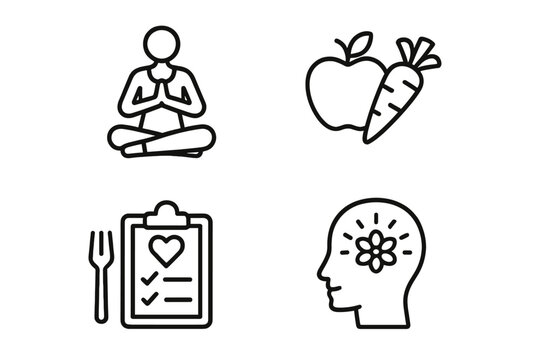 Health and wellness outline icon set. Yoga, meditation, mindfulness, nutrition, diet plan. Healthy food. Mental health, psychology concept. Self-care, balance, lifestyle symbols.