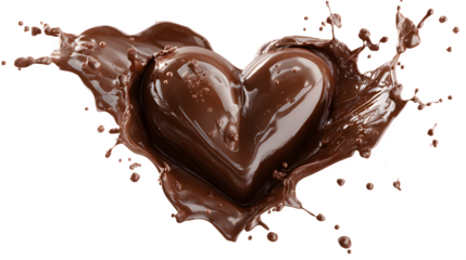 HD realistic heart shaped liquid melted chocolate splash isolated on white or white png