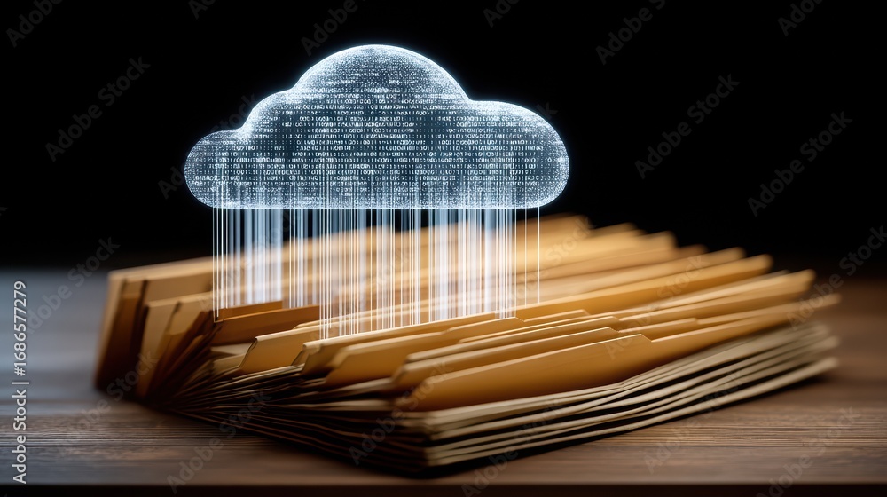 Aufkleber digital cloud storage concept over file folders representing data management.