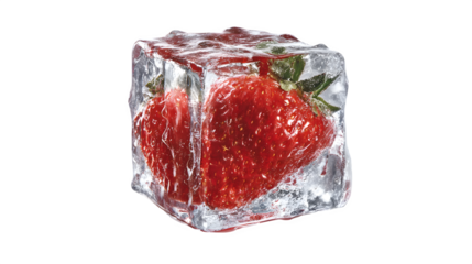 HD realistic frozen strawberry inside a melting ice cube isolated on white