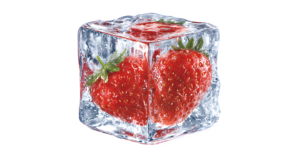 HD realistic frozen strawberry inside a melting ice cube isolated on white