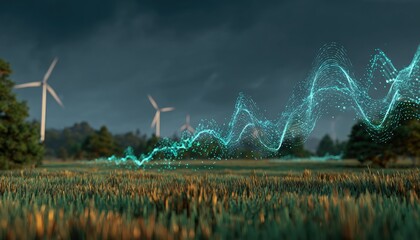 Rural landscape with windmills & a shimmering energy wave