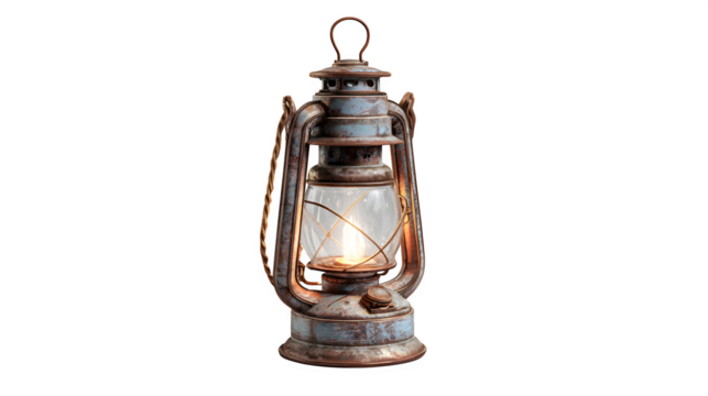 HD realistic ancient lantern lamp with metal handle isolated on white