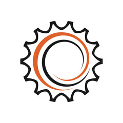 Black and orange circular graphic with jagged outer edge and swirling inner lines abstract