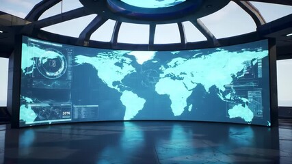 Futuristic control room with world map display. Global technology and data visualization concept. Large screen and modern architecture. - Powered by Adobe