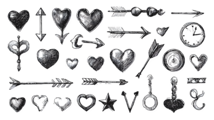 sketch-style symbol collection with arrows, hearts, circles isolated on white