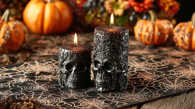 pumpking Halloween table setting with skull candles, spiderweb tablecloth