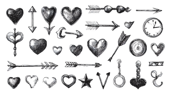sketch-style symbol collection with arrows, hearts, circles isolated on white