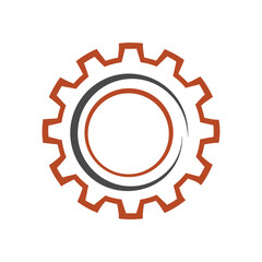 Orange and gray gear symbol with circular elements on white background wheel mechanical