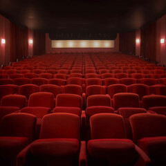 Obraz premium スクリーンの前の空の映画館 - 赤い座席が並ぶホール、イベント、エンターテイメント、遠近法が効いた背景