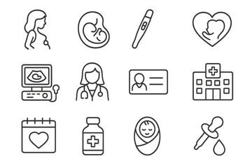 Pregnancy medical line icon set. Motherhood, healthcare, maternity pictograms. Fetus, ultrasound, newborn, doctor. Gynecology and obstetrics vector symbols for web design.