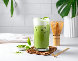 Refreshing Iced Matcha Latte in Tall Glass with Bamboo Whisk