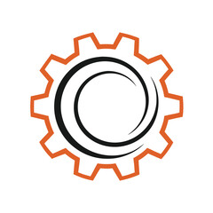Orange gear cog with black swirling lines inside on white background wheel