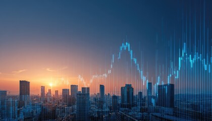City skyline overlaid with a financial chart at sunset