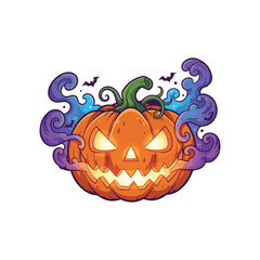 Fototapeta premium Colorful Halloween illustration of a glowing jack-o’-lantern with sharp teeth, surrounded by swirling purple smoke, flying bats, and spider webs on a white background