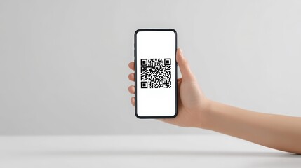 A hand holds a smartphone displaying a QR code against a minimalist background.