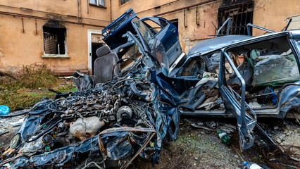 ruined street and destroyed houses the city Kiev war in Ukraine