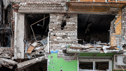 ruined street and destroyed houses the city Kiev war in Ukraine