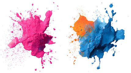 HD realistic colorful ink splashes in pink, blue, and orange paint isolated on white png