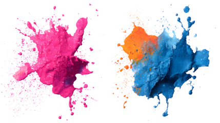 HD realistic colorful ink splashes in pink, blue, and orange paint isolated on white png