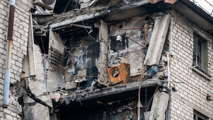 ruined street and destroyed houses the city Kiev war in Ukraine